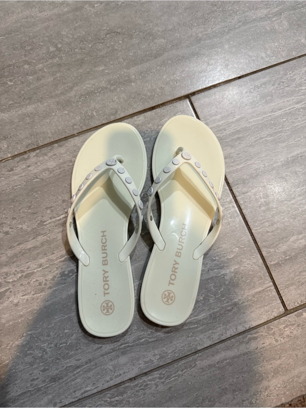 Tory Burch Cream White Logo Studded Flip Flop Sandals